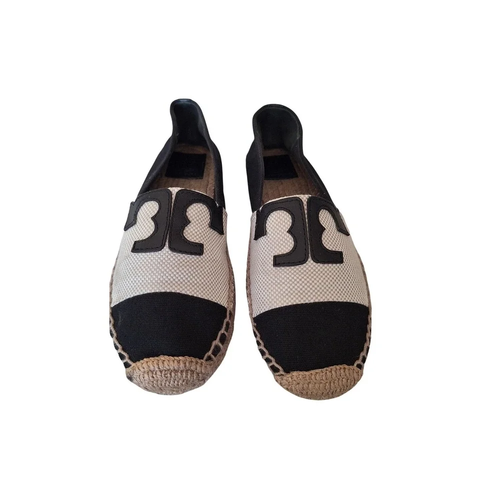 Tory Burch Ines Espadrilles Black Cream Leather Logo Canvas Flats Slip On